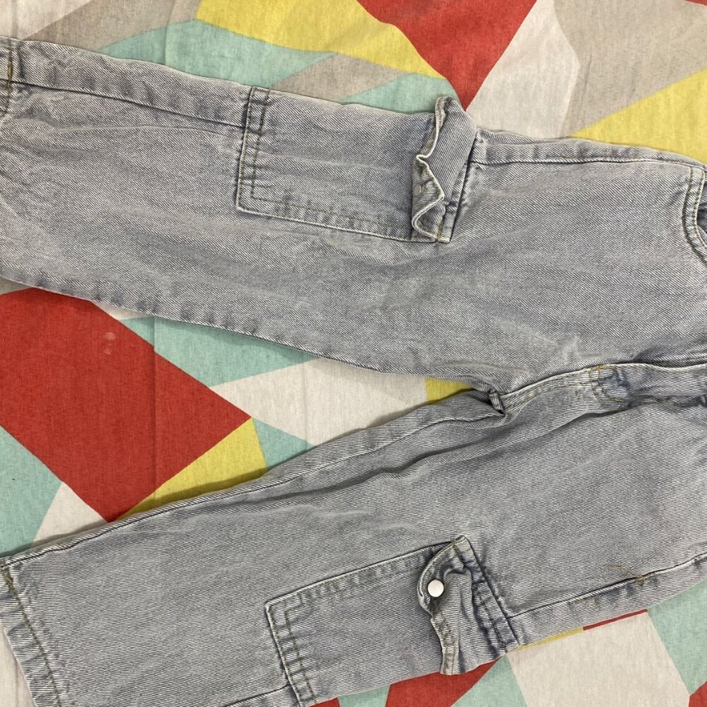 Denim Cargo Pants – Ash Grey, Loose Fit, Elastic Waist, 3-4 Years